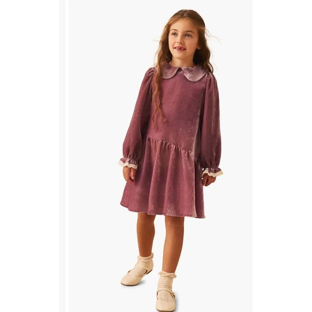 Laura Ashley Kids Pink Velvet Dress Peter Pan Collar Lace Trim Long Sleeve 4Y